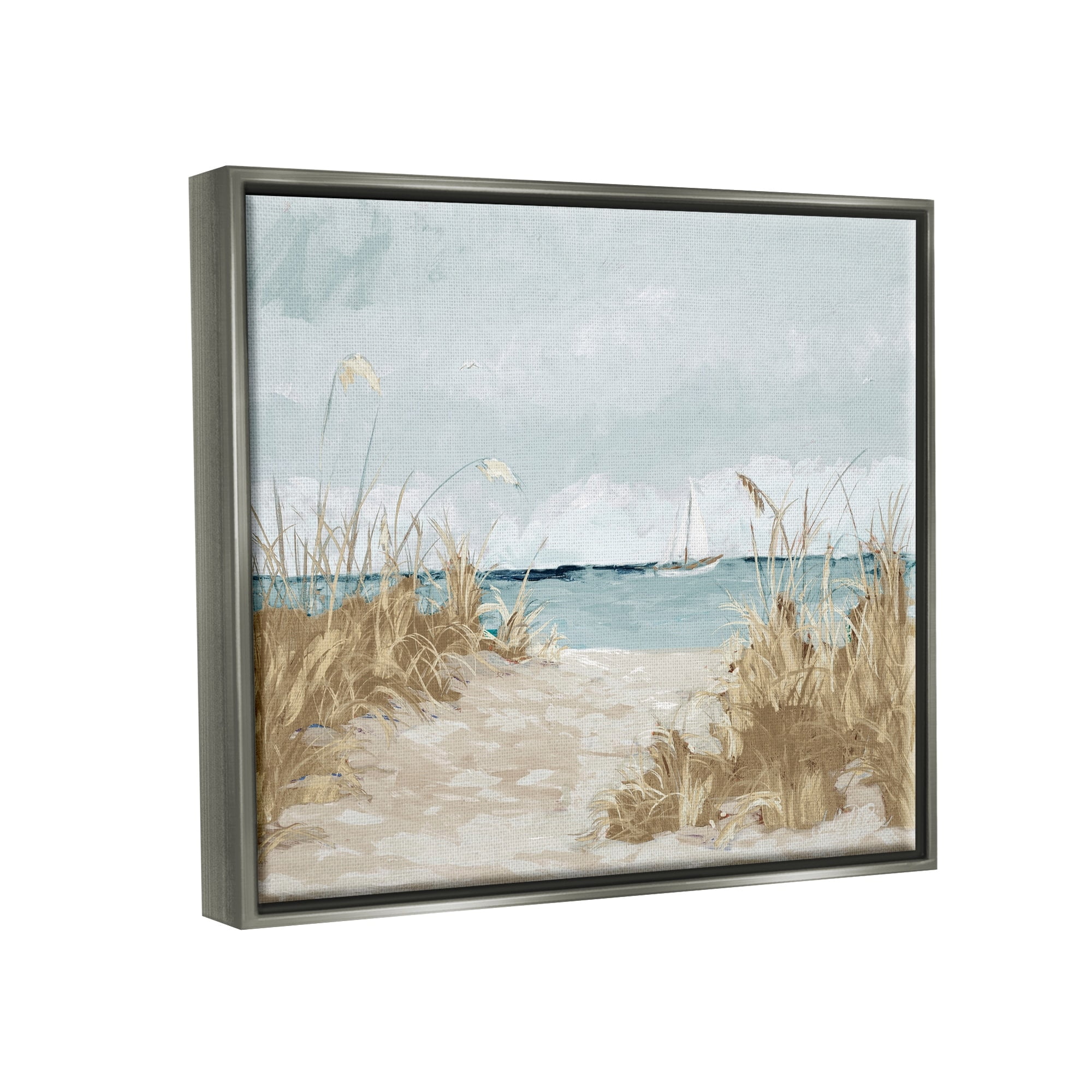 Stupell Industries Sandy Beach Walkway Distant Sailboats Floating Sea Painting Luster Gray Floating Framed Canvas Print Wall Art, Design by Julie Derice
