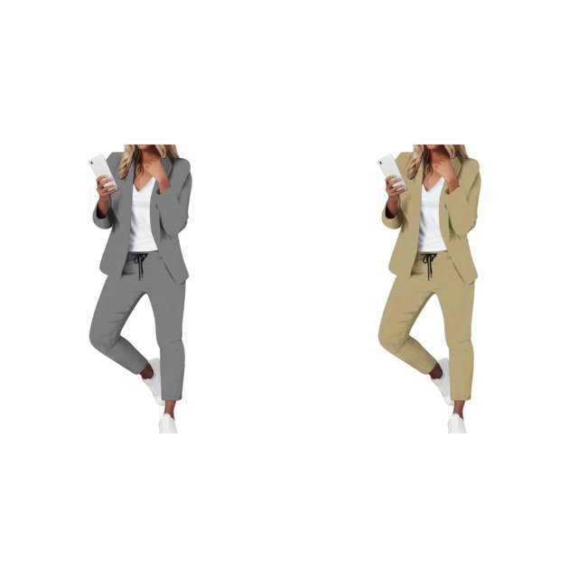 (2-Pack) Rinsvye Womens Solid Long Sleeve Pants Suit Set With Pockets Elastic Waistband Tailored Fit Business Formal Wear