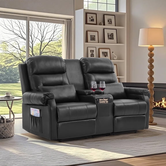 IPKIG Double Recliner Loveseat with Console, 2-Person Manual Wall Hugger Reclining Sofa in Black Faux Leather, Cup Holders, Pillows & Storage Pocket