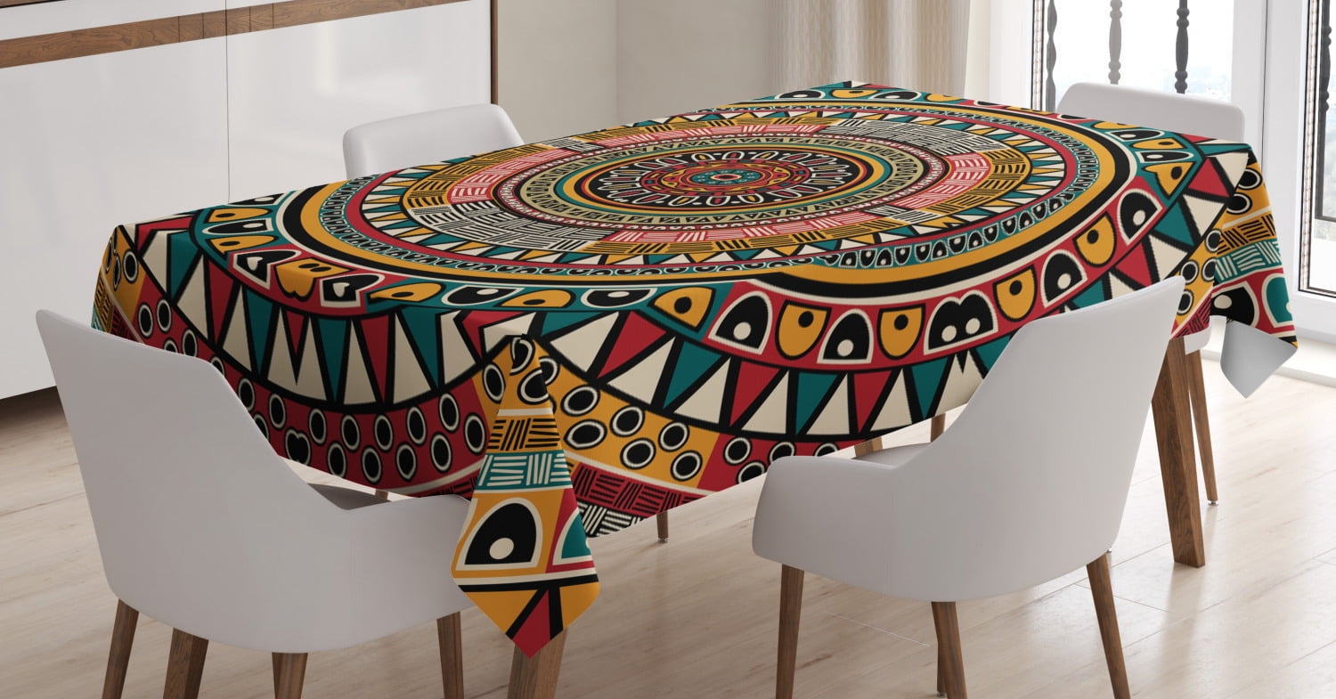 Tribal Decor Tablecloth, African Folkloric Tribe Round Pattern with