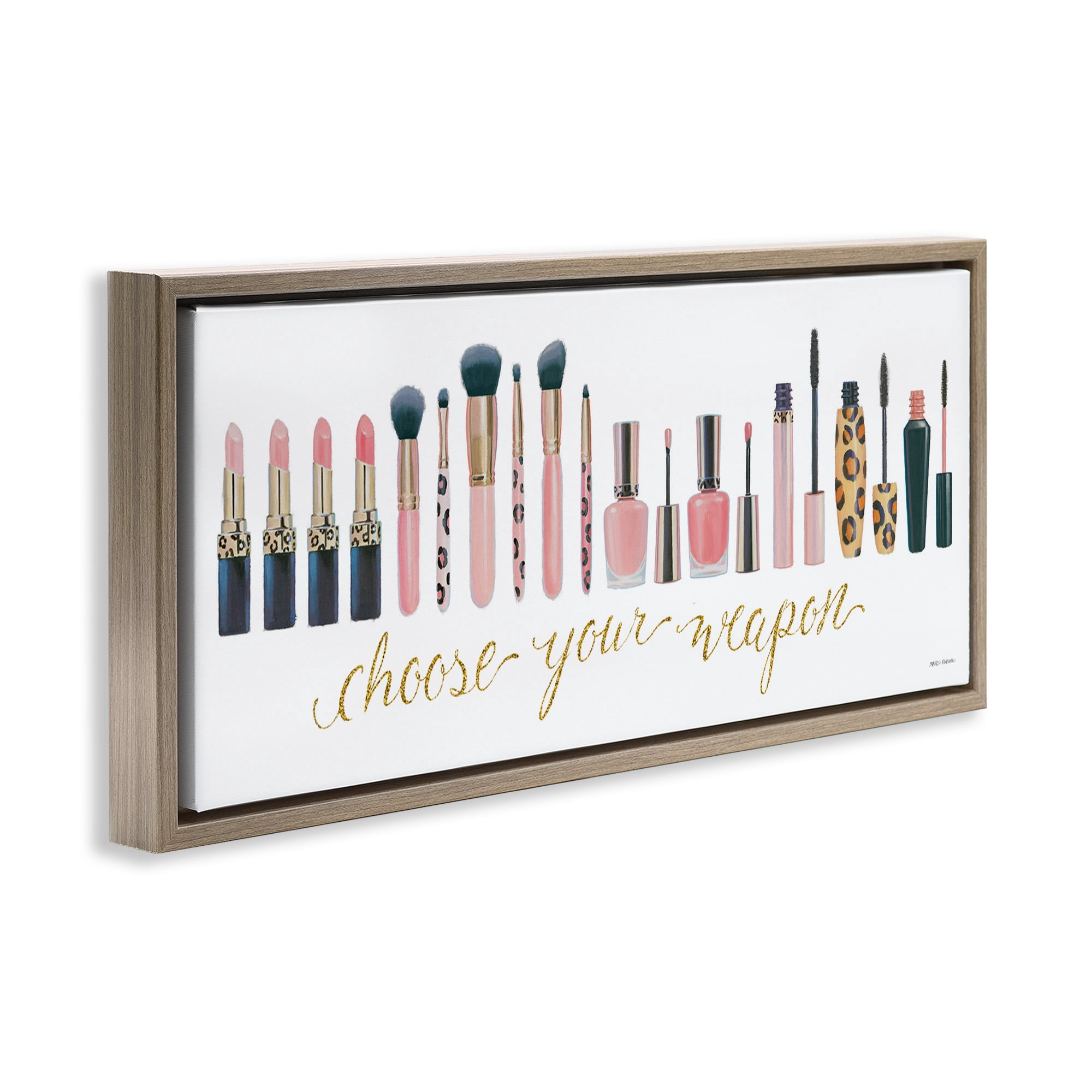 Stupell Industries Choose Your Weapon Glam Makeup Typography Painting Brown Floater Framed Canvas Art Print Wall Art, 25 x 11