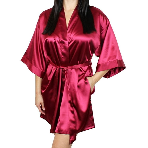 Women's Satin Kimono Bridesmaid Short Robe With Pockets - Silky Feel Modern Cut