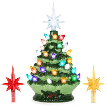 Best Choice Products 9.5in Ceramic Pre-Lit Hand-Painted Tabletop Christmas Tree Holiday Decor with Multicolored Lights, 3 Star Toppers,