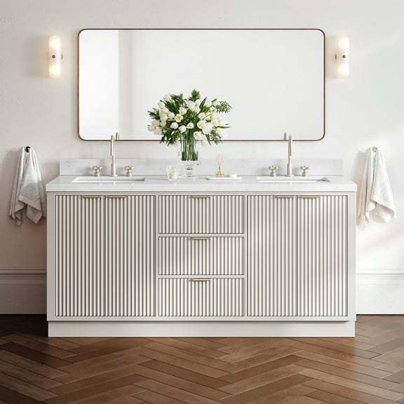 ARIEL Milan 72 Inch Double Rectangle Sink Bathroom Vanity with Carrara White Quartz Countertop 1.5 Inch in Warm White