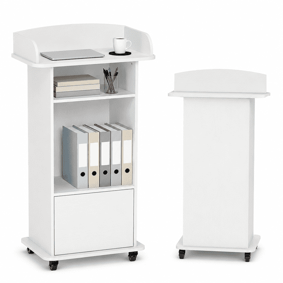 Podium Stand with Metal Wheels Wooden Lectern Podium Stand Portable Pulpit Standing with Storage Mobile Reception Podiums Desk for Church Office School Conference Restaurant Meeting, White