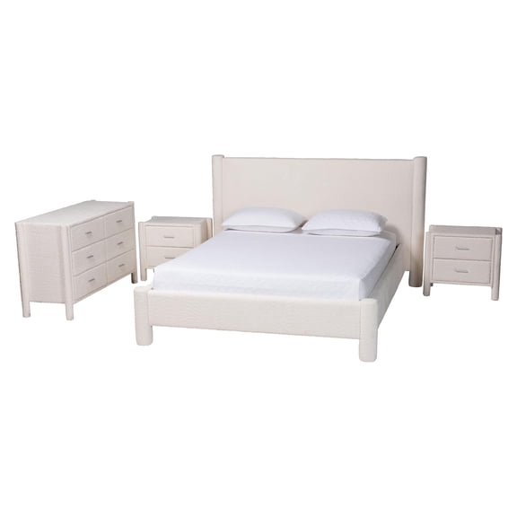 Baxton Studio Laria White Teddy-Bear Fabric Queen Size 4-Piece Bedroom Set
