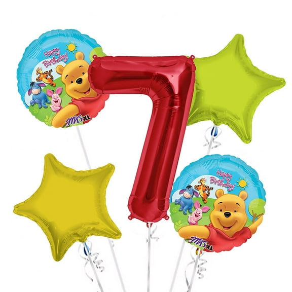 Winnie the Pooh Balloon Bouquet 7th Birthday 5 pcs - Party Supplies