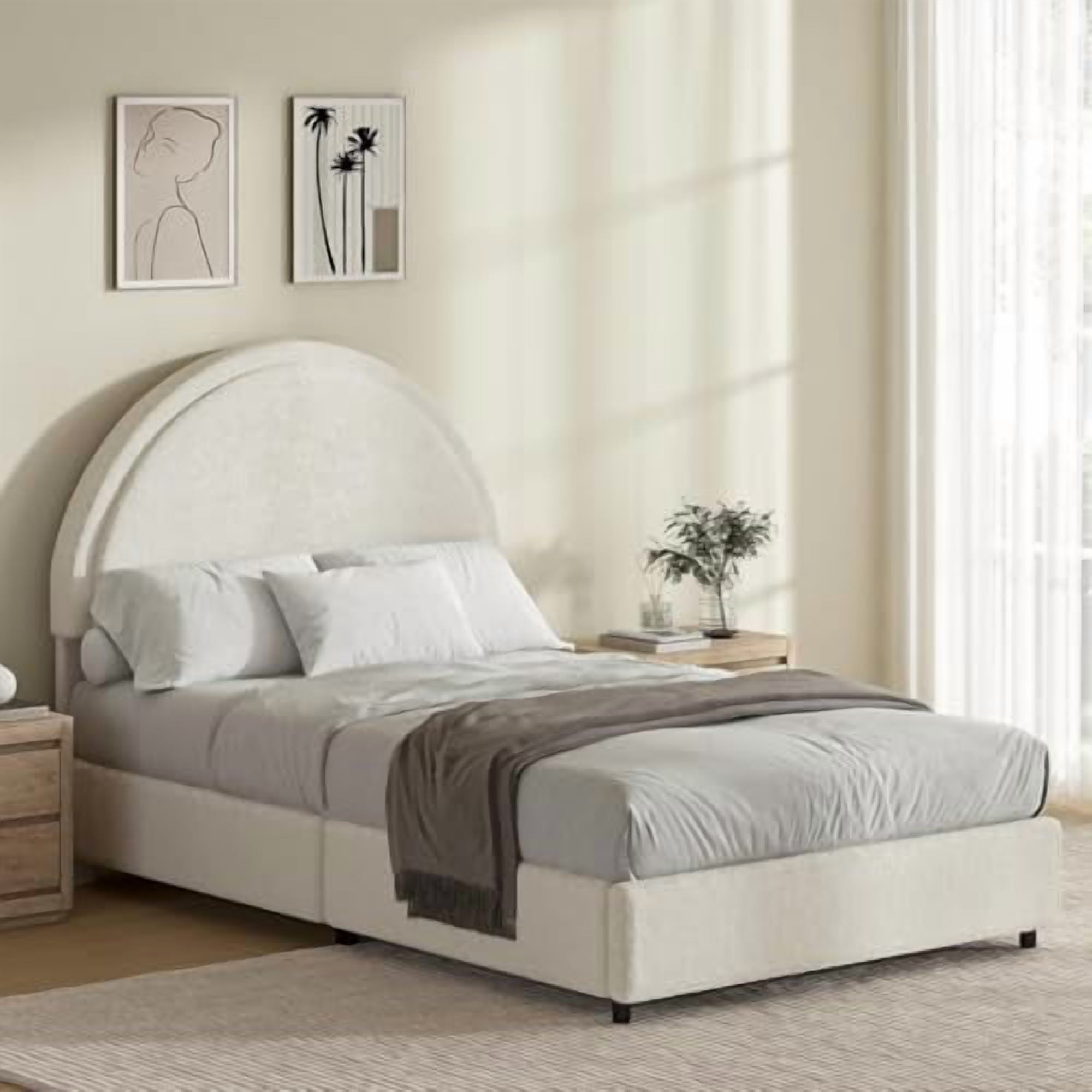 Homfa Full Size LED Bed Frame, Beige Velvet Upholstered Platform