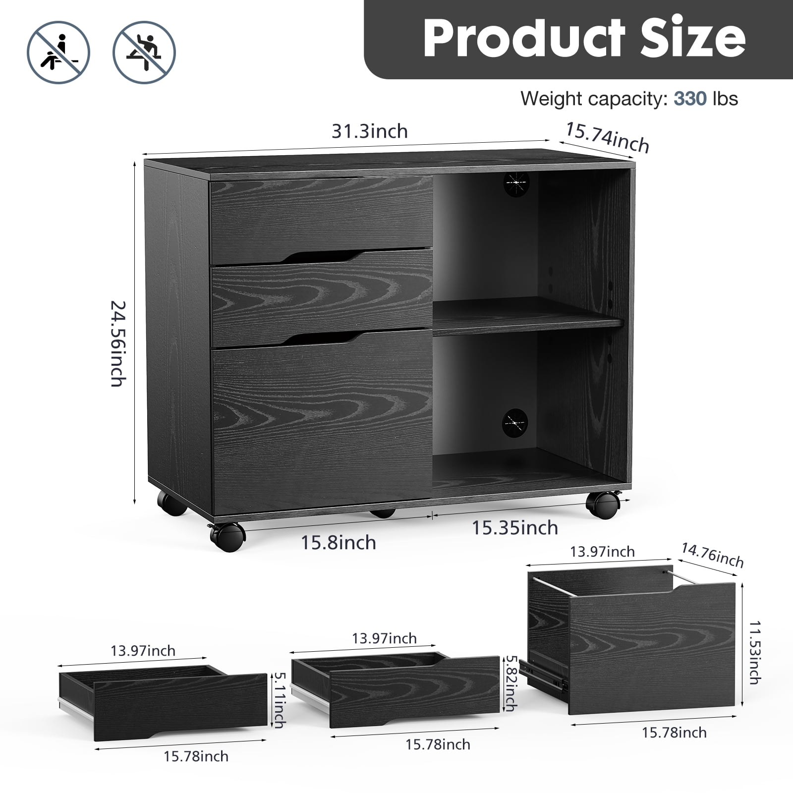 CONCETTA 3 Drawer Mobile File Cabinet with Lock, Under Desk File Storage for Home Office, Black