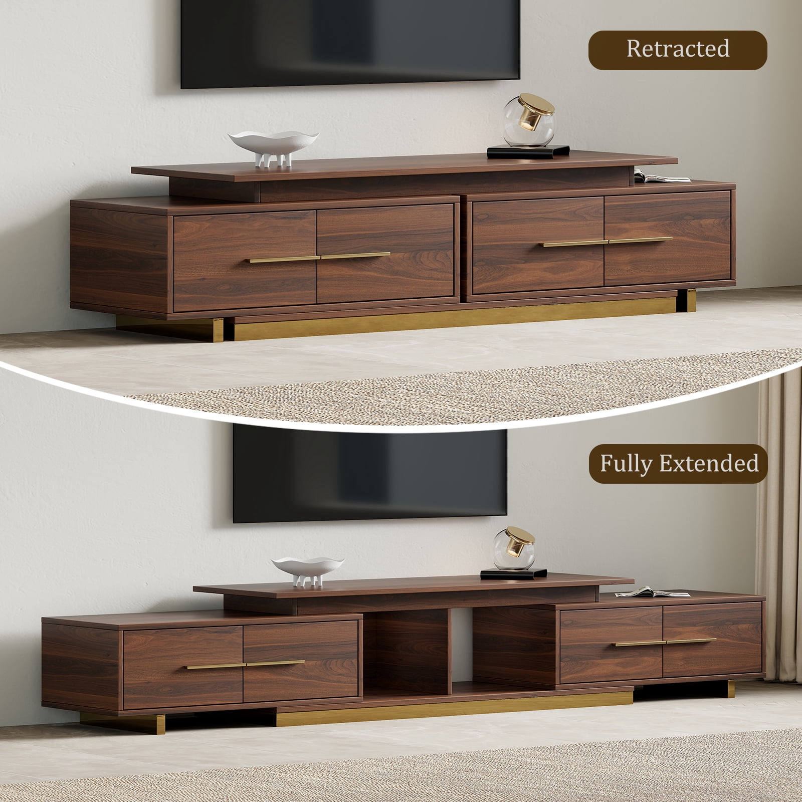 siu want Extendable TV Stand for 55-100 inch TVs, Modern TV Console with 4 Drawers, Walnut Entertainment Center for Living Room