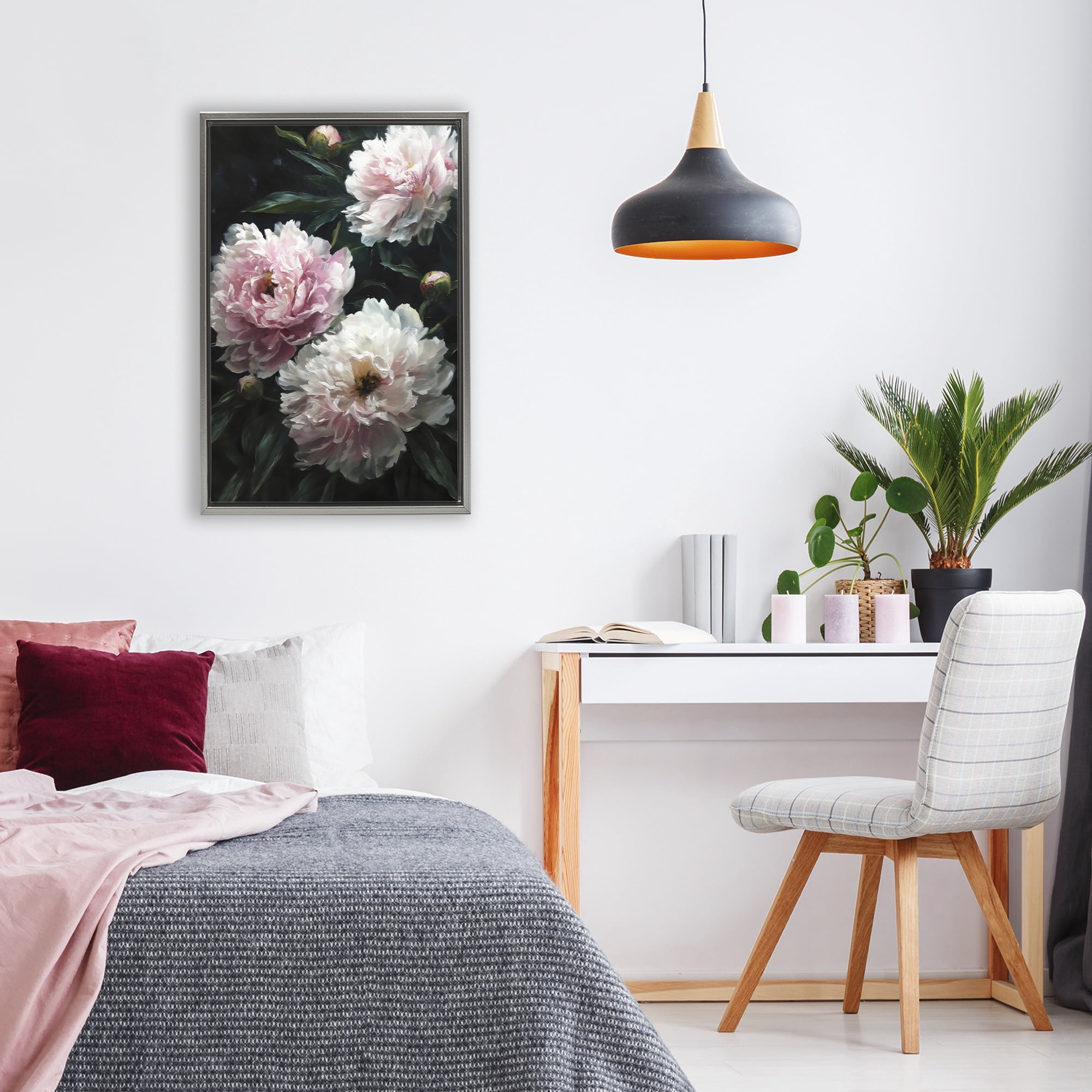 Stupell Industries Soft Pink Peony Garden Gray Framed Floater Canvas Wall Art, design by Petal Prints Design