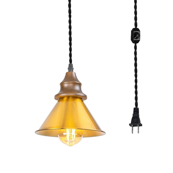 KAYYELAMP 15ft Dimmable Cord Plug-in Pendant E26 Walnut Base Dia 7.08" Gold Metal Shade Hanging Light Vintage Decor for Kitchen Farmhouse(No Bulb)