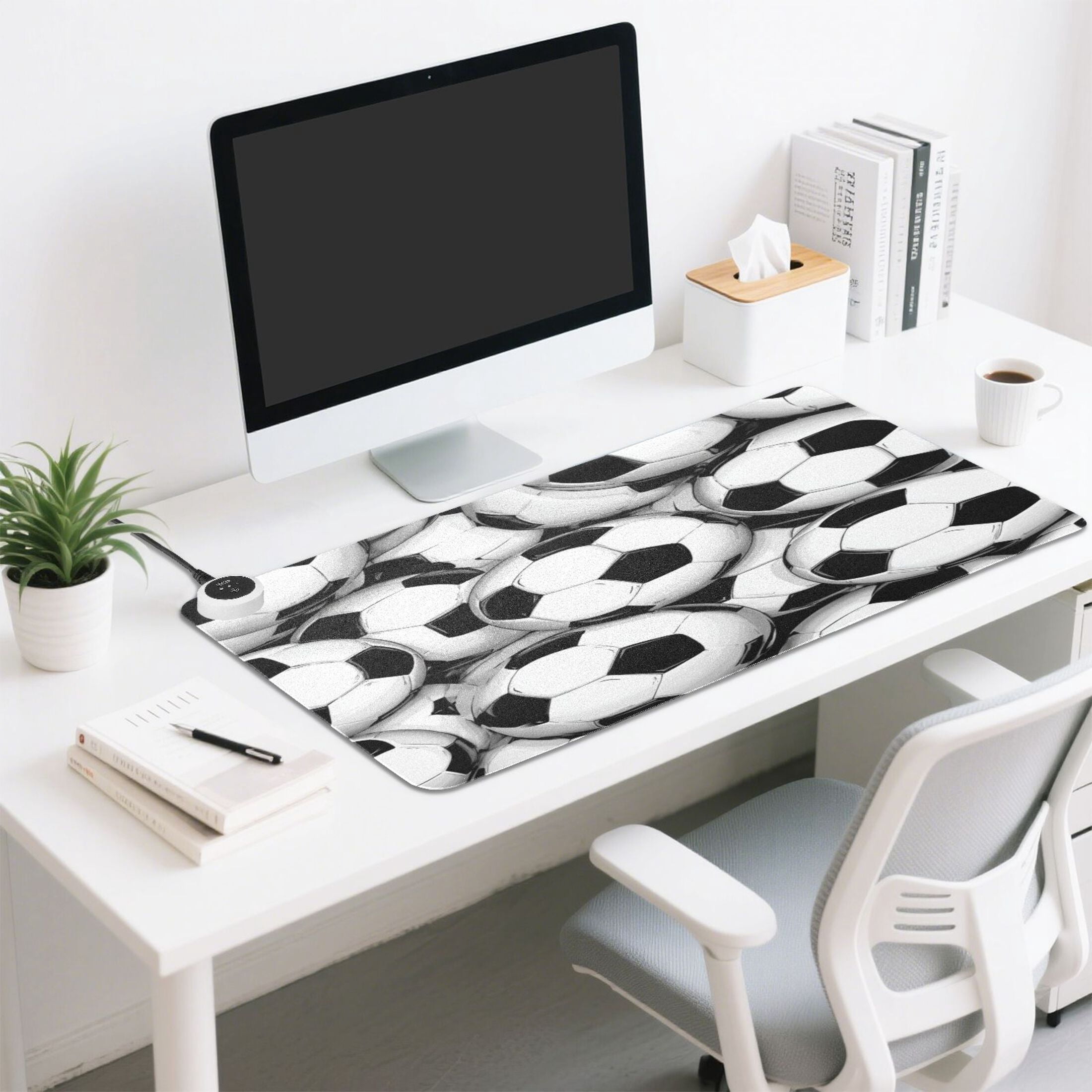 Large Heated Desk Mat Mouse Pad 31.5"x13"PU Leather Graphene Heating Desk Warmer with 3 Temperature Settings 110V US Plug Non-Slip Warm Pad for Home, Office, and Gaming Classic Soccer Tile Pattern