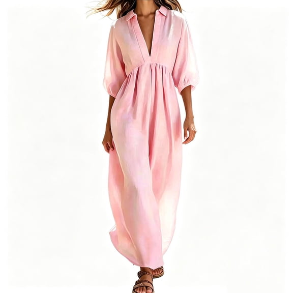 HADST Women's Collared V-Neck Puffed-Sleeve Maxi Dress, 3/4 Sleeves High-Waisted Pleated A-Line