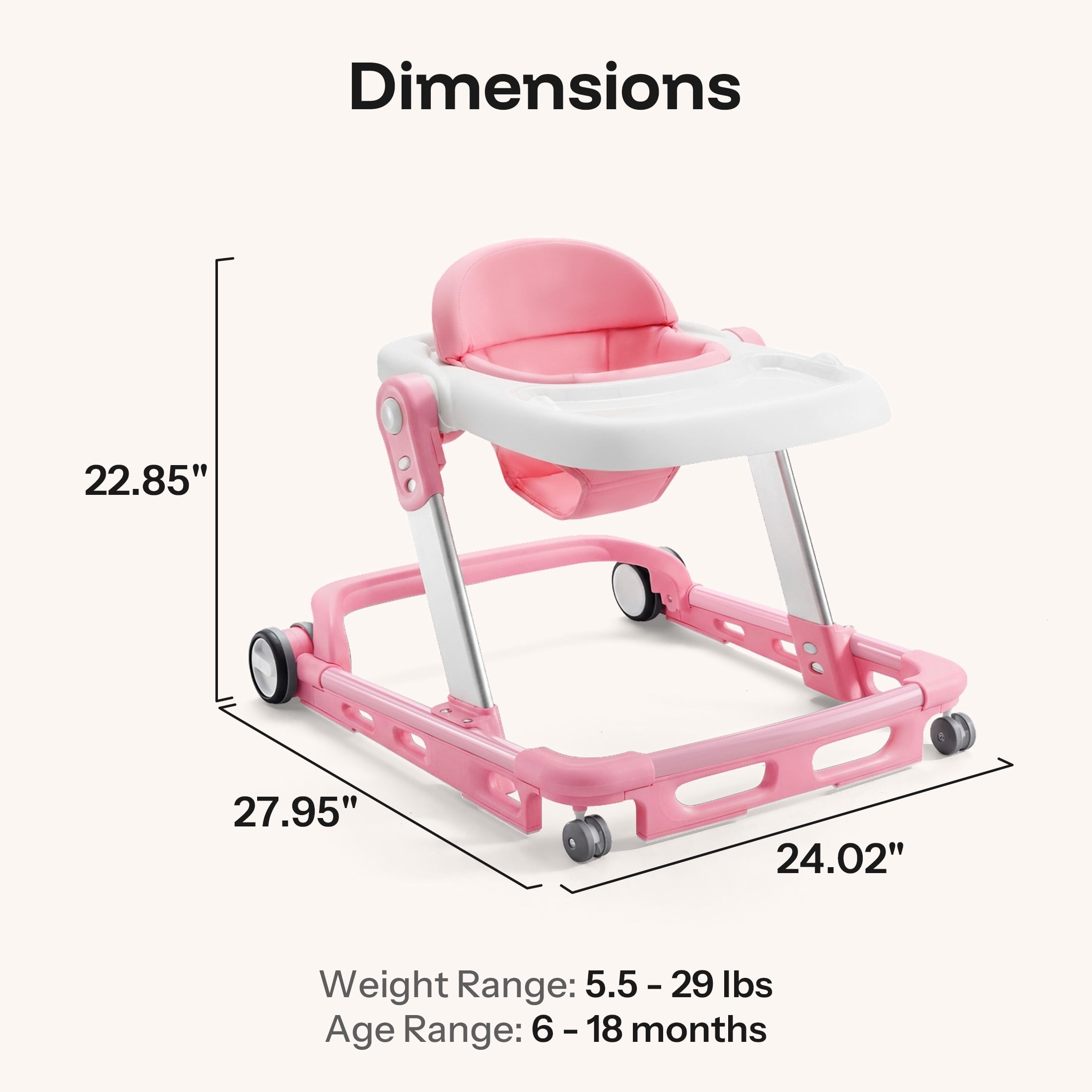 HARPPA Baby Walker for Babies 6-18 Months, Anti-Rollover, Seat and Height Adjustable, Pink