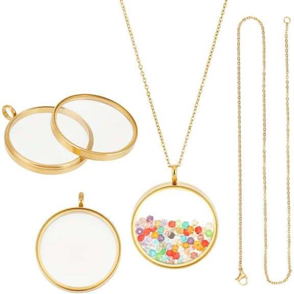 2 Sets 18K Gold Plated Memory Locket Pendants 30mm Stainless Steel Floating Locket Pendants with 17.7 inch/45cm Necklace Glass Photo Frame Locket Pendants for Christmas Jewelry Making
