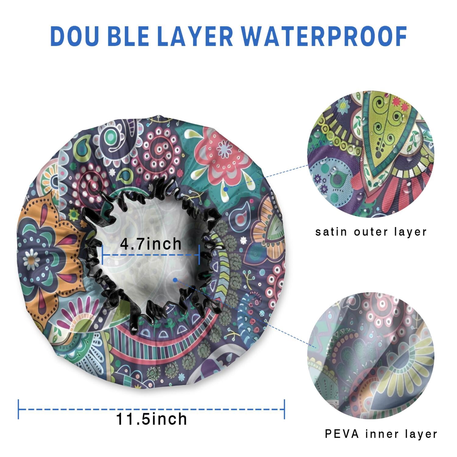 Shower Caps,Multicolor Ethnic Paisley and Floral Pattern Waterproof Shower Cap for Women 4 Pieces,Double Reusable Hair Cover for Shower PEVA Elastic Stretch Hem
