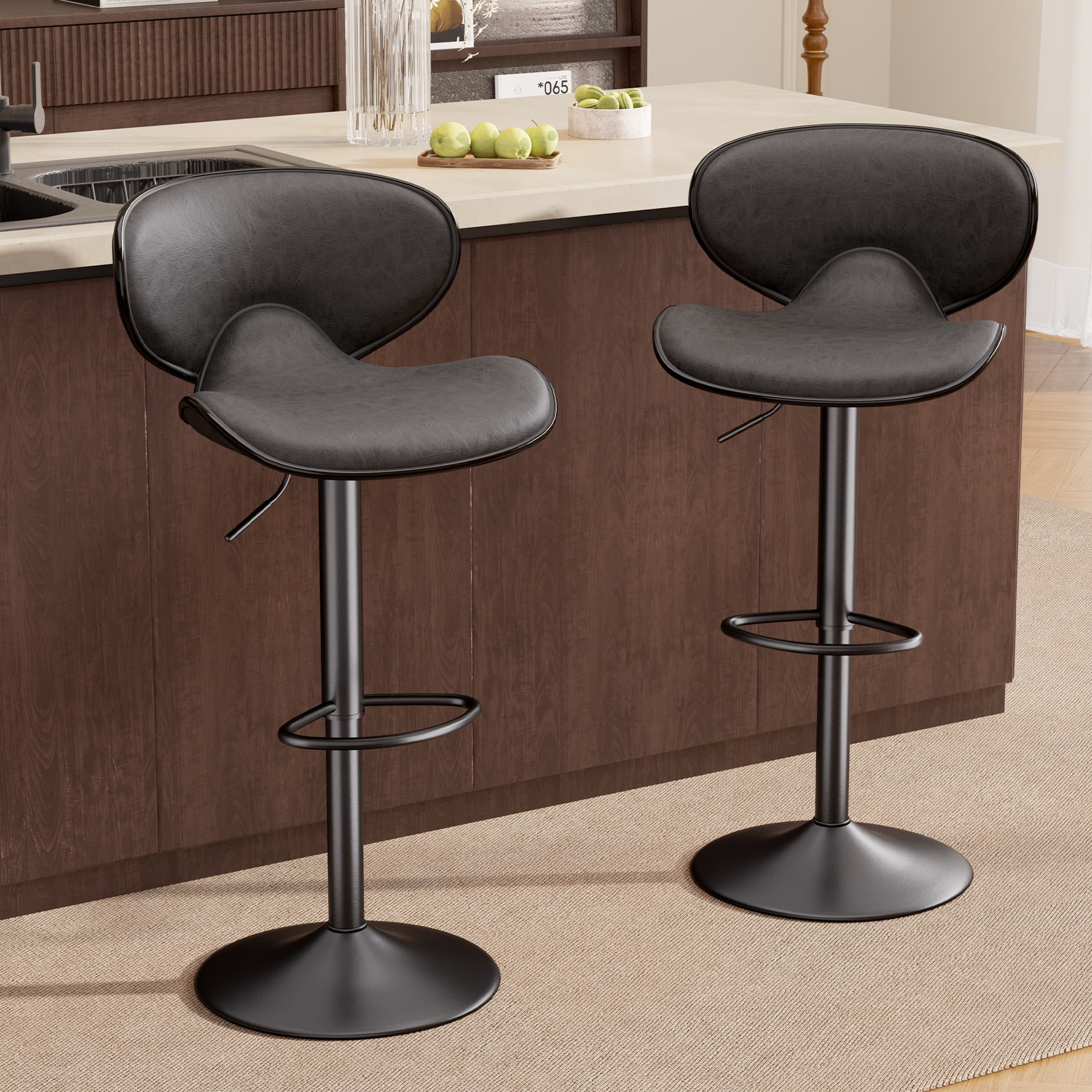 Hawsaiy Adjustable Swivel Bar Stools Set of 4 with Back and Footrest, Faux Leather Counter Height Kitchen Stools, Modern Bar Chairs for Island and Home Bar, Black