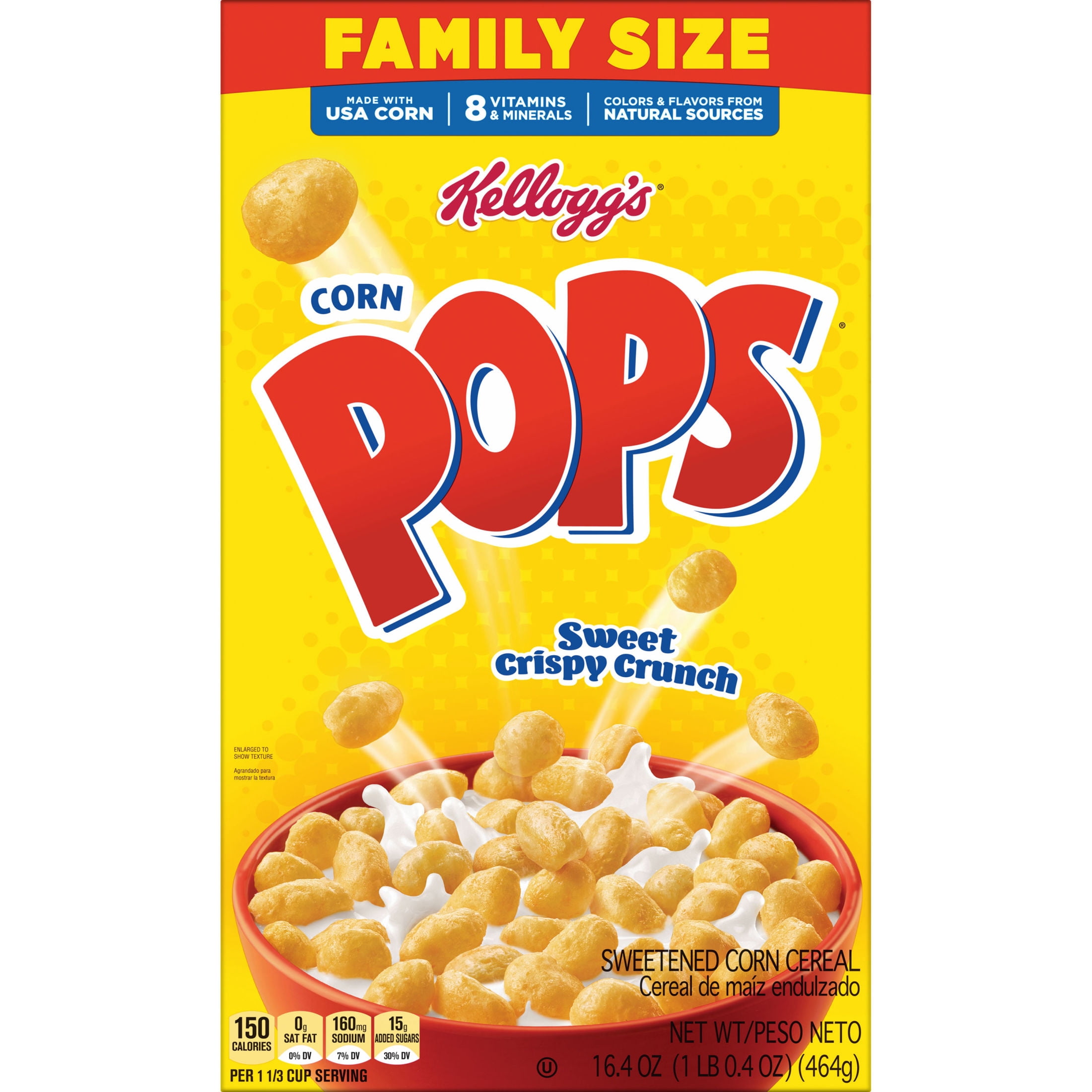 (6 pack) Kellogg's Corn Pops Original Breakfast Cereal, 8 Vitamins and Minerals, Family Size, 16.4  oz