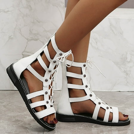 

Lolmot Ladies High Top Flat Roman Stud Sandals Non-Slip Open Toe Gladiator Lace Up Buckle Sandals Vintage Outdoor High Top Ankle Sandals