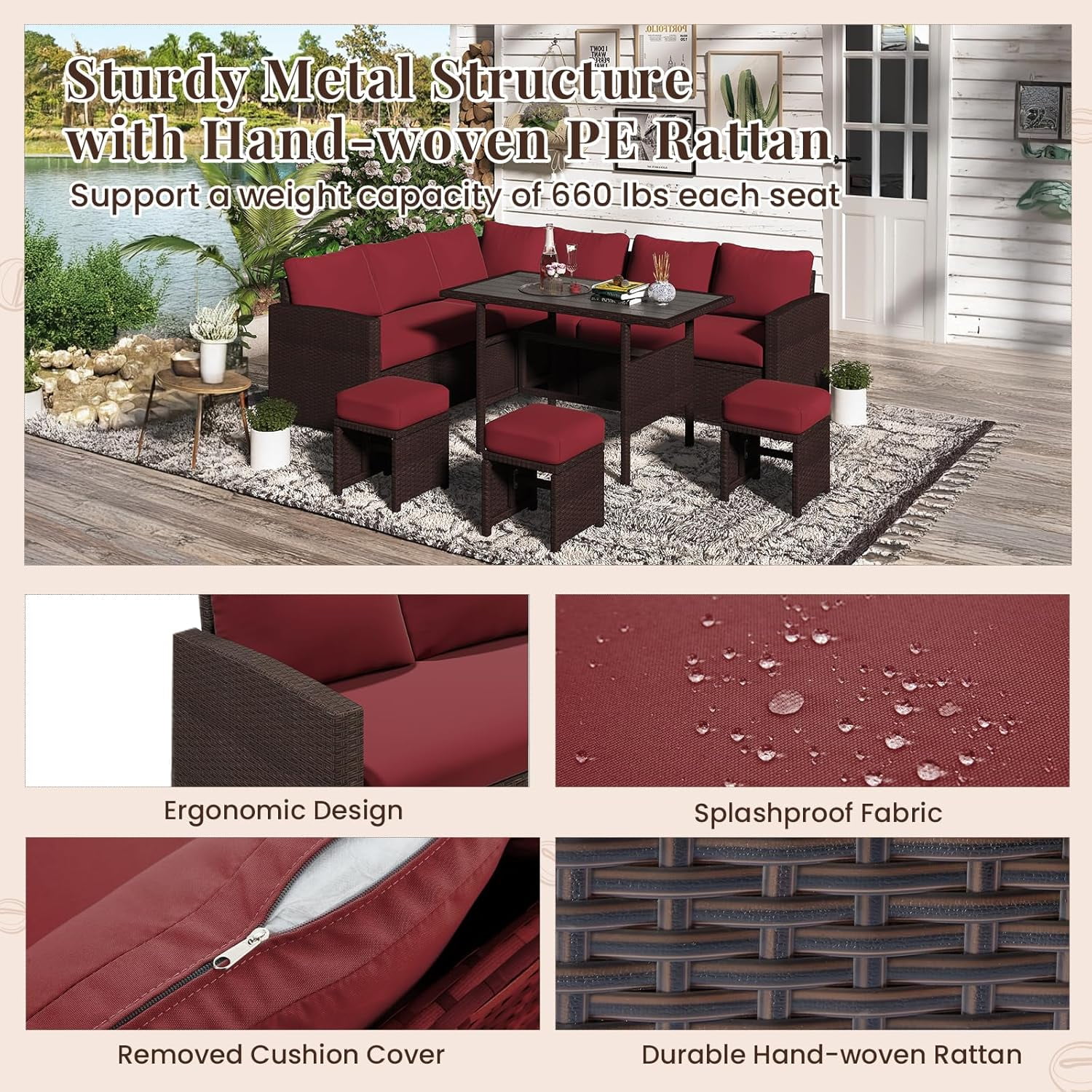AECOJOY Outdoor Furniture Set, 7-Piece Rattan Wicker Patio Dining Conversation Set, Wine Red