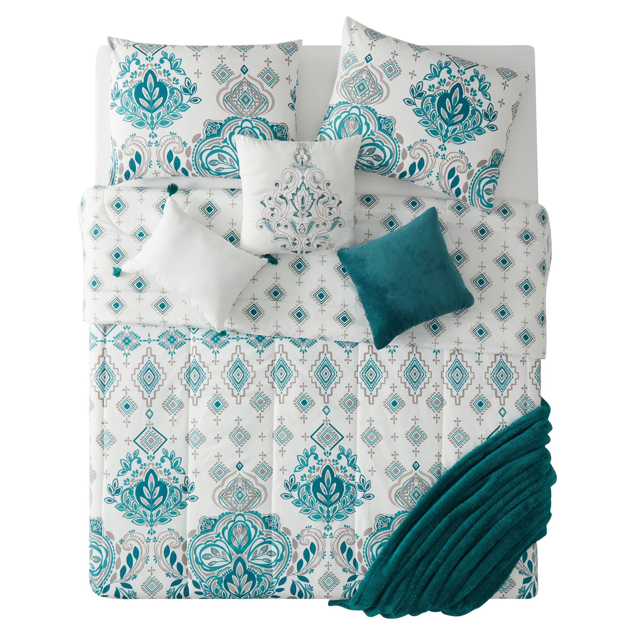 VCNY Home Evergreen 7-Piece Teal Damask Reversible Comforter Set, King, Adult, Unisex
