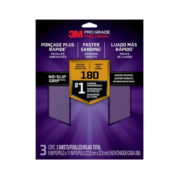 3M Pro Grade Precision Sandpaper, No-Slip Grip Backing, 9 in x 11 in, 180 Grit, 4 Sheets