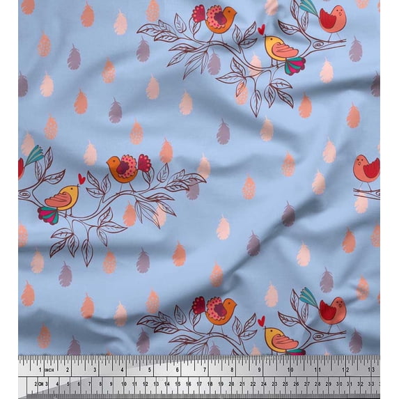 Soimoi Crepe Silk Fabric Feather,Branch & Bird Kids Printed Fabric 1 Yard 42 Inch Wide