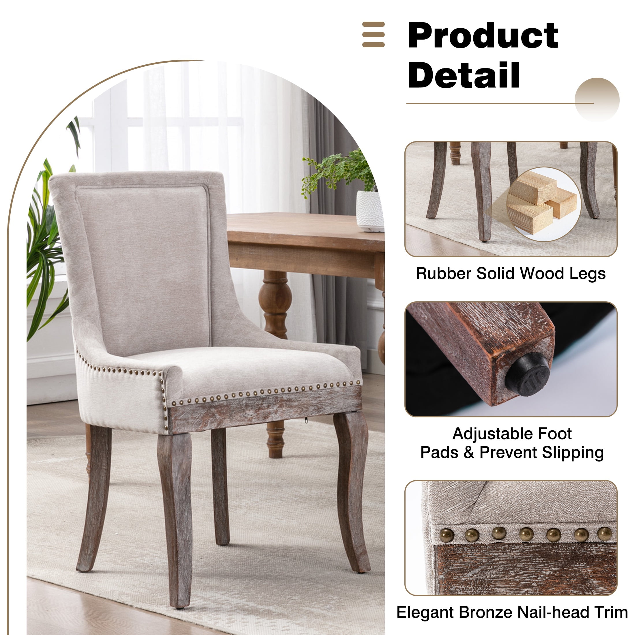 Dining Chairs Set of 2, LEGAHOME Beige Fabric Upholstered Dining Chairs, Mid-century Kitchen Chairs with High Back, Bronze Nail Head, Solid Wood Legs, Beige, 2 Pcs