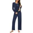 thumbnail image 5 of FRSASU Pajama Sets for Women 2 Piece Lounge Set Round Neck Button up Long Sleeve Tops and Long Pants Soft Comfy Sleepwear Outfits Navy, 5 of 7
