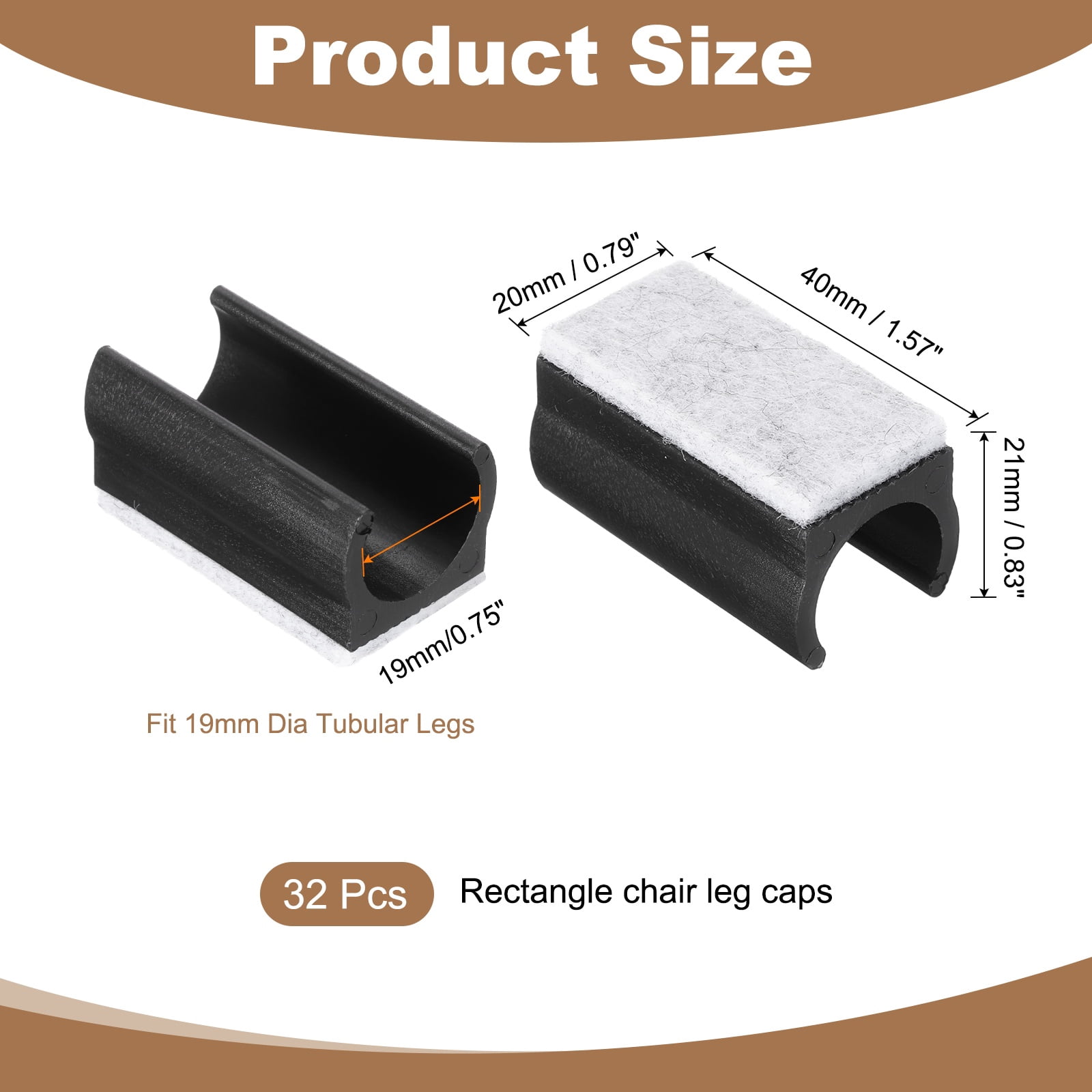 32 Pack Rectangle U Shaped Chair Leg Caps with Felt Pads, Fit 19mm Dia Tubular Legs, Slide Smoothly Furniture Feet Protectors No Scratches No Noise for Hardwood Floors, Black