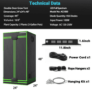 ALPHAGROW Deep Water Culture Hydroponic System, 24x24x48 Inch Indoor Grow Tent, Twin-Door Access, 2-Piece Starter Kit, Full Spectrum LED Grow Light