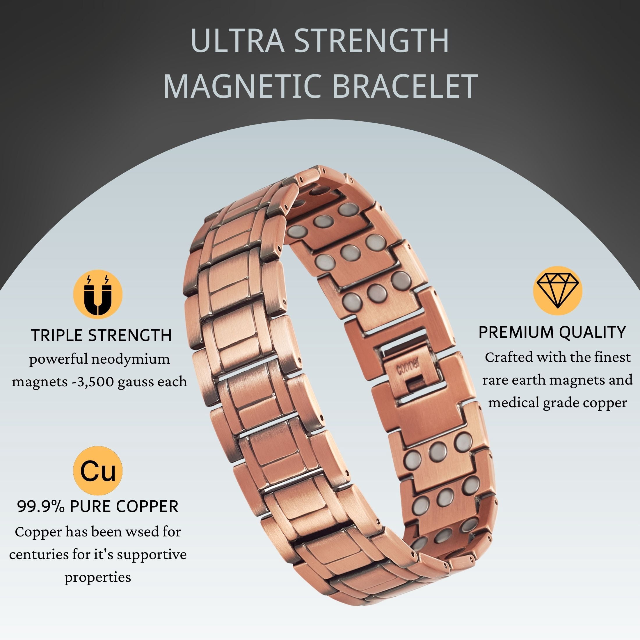 Wollet 3X Strength Magnetic Copper Bracelet for Men, Gifts for Husband, Length 8.9 in, Width 0.8 in