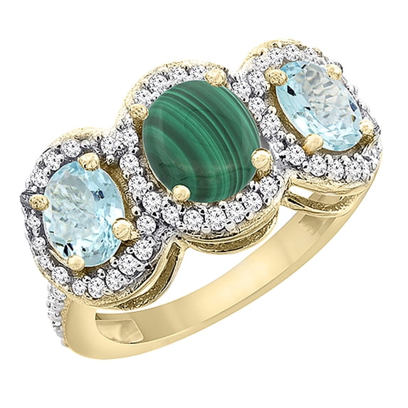 10K Yellow Gold Natural Malachite & Aquamarine 3-Stone Ring Oval Diamond Accent, size 5