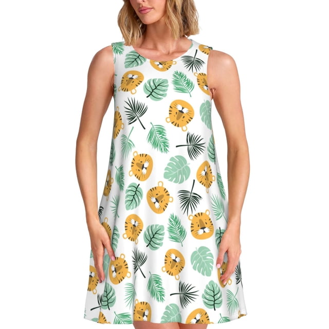 Fotbe Tiger Leaves Vestido de Verano sin Mangas para Mujer – Vestido Midi Línea A, Estilo Camiseta Floral, Vestido Playero Casual y Fluido