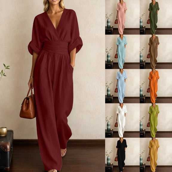 HAIJIE Women’s Wrap V-Neck Jumpsuit, Cuffed 3/4 Sleeves, Waist Cinched, Wide Leg, Assorted Solid Colors (Brown,L)