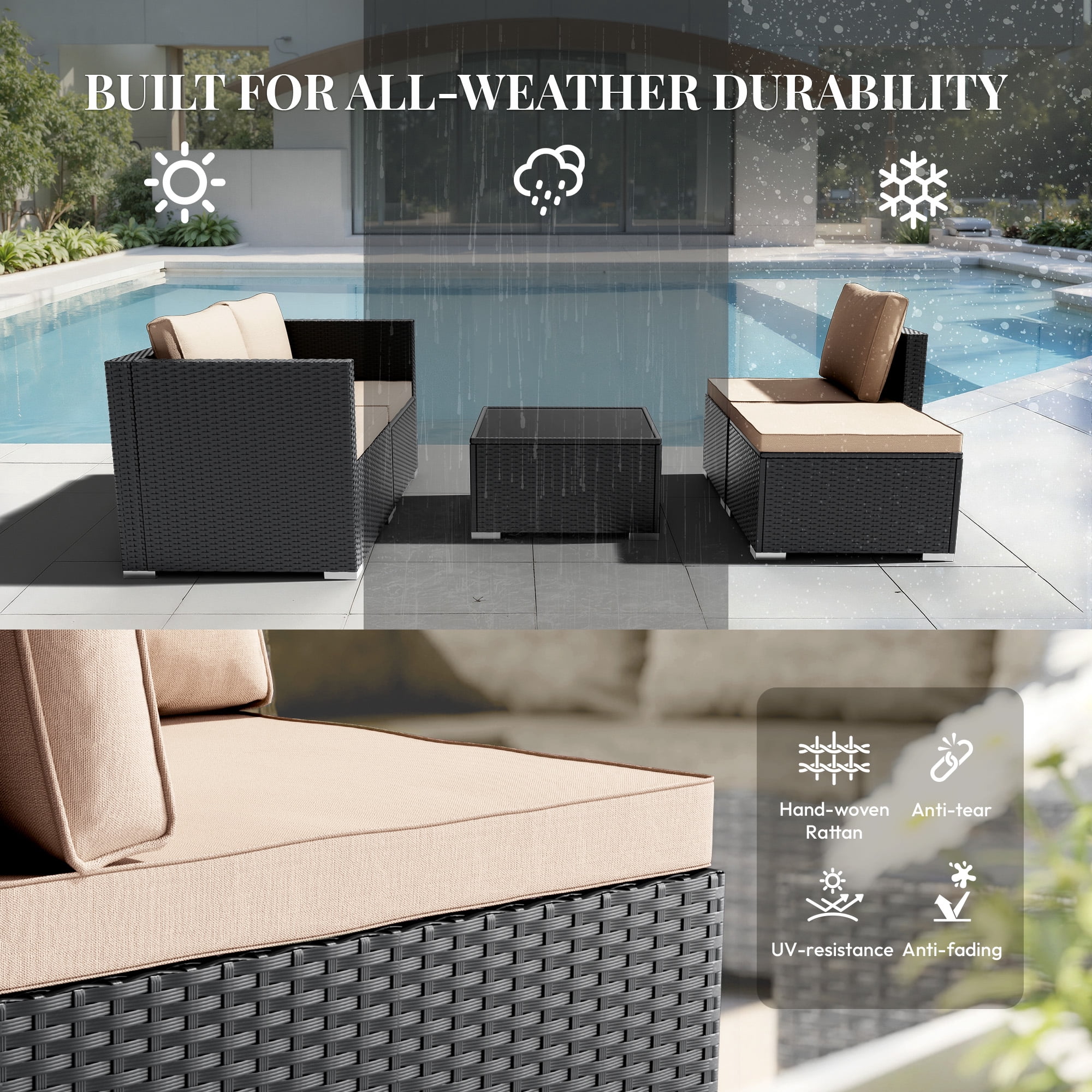 Patio Furniture Set 5 Piece - Wide Armrests - All-Weather Wicker Rattan Outdoor Patio Conversation Couch Sets, Modular Sectional Sofa for Garden, Patio, Poolside, Backyard, Balcony, Porch,Khaki