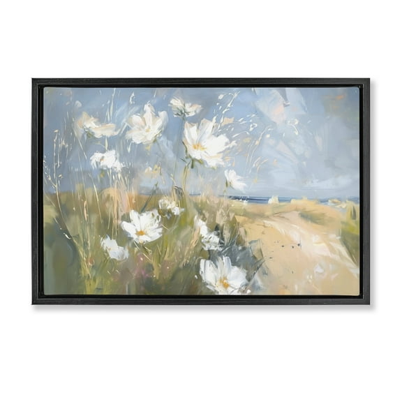 Stupell Industries Seaside Wildflowers Scenery Botanical & Floral Painting Black Floater Framed Canvas Art Print Wall Art, 25 x 17