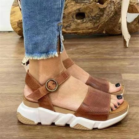 

Women s Sandals Summer Open Toe Breathable Ankle-Strap Shoes Pin Buckle Closure 37 Brown