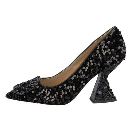 YDN Women Rhinestone Studded Buckle Pumps Slip On Crystal Chunky High Heels Closed Pointed Toe Office Shoes Size 8 Black Paillette
