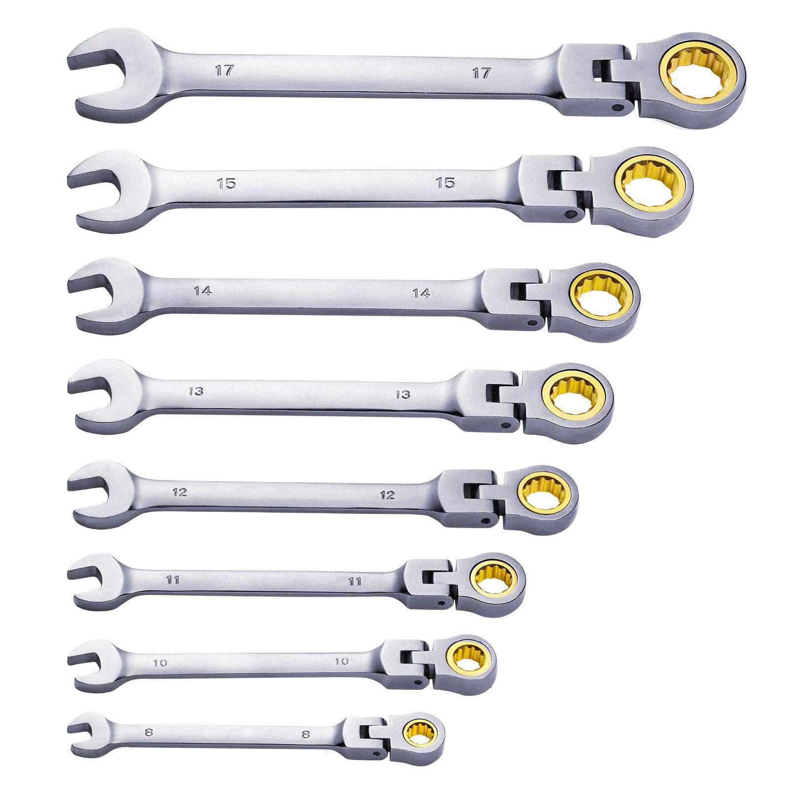 8 Piece Chrome Vanadium Steel Ratchet Wrench Set 8mm to 17mm Metric with Reel Bag for Household and Automotive Repair