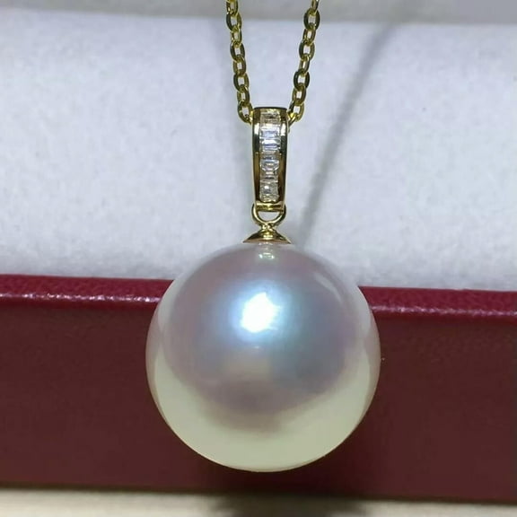 EOEMY Huge 13-14 mm Natural Round South Sea White Pearl Pendant 18 K Yellow Gold