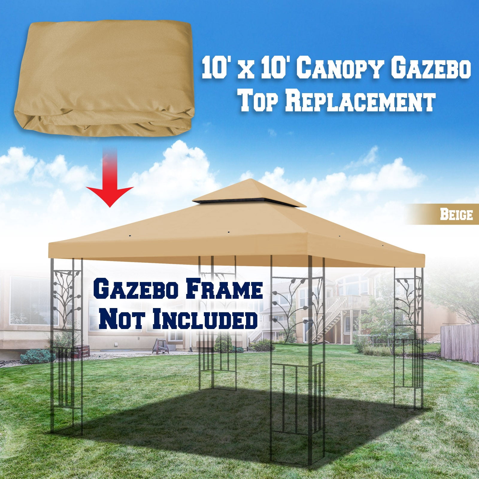 SUNNYOUTDOOR 10x10 FT Gazebo Replacement Top 2-Tiers Canopy Replacement Cover Double Tiered Replacement Canopy Top Cover (Beige)