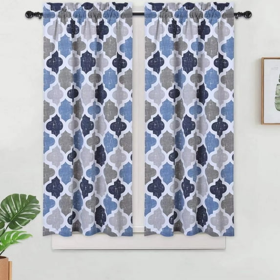 Haperlare Navy/Gray Kitchen Curtains Quatrefoil Printed Blackout Bathroom Curtain Cafe Curtains, 28"W x 45"L2 Panels