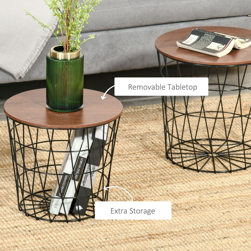HOQBN End Table Set of 2, Nesting Tables with Storage, Round Accent Side Tables with Removable Top for Living Room, Black/Brown