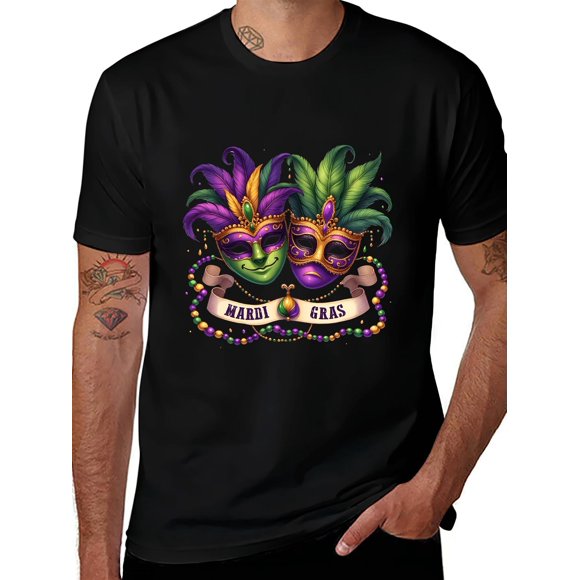 Plus Size Black T-shirt, Mardi Gras T - Shirt with Dual - Mask Graphic And Bead - Adorned Banner. 100% Contton, Crew Neck, Co