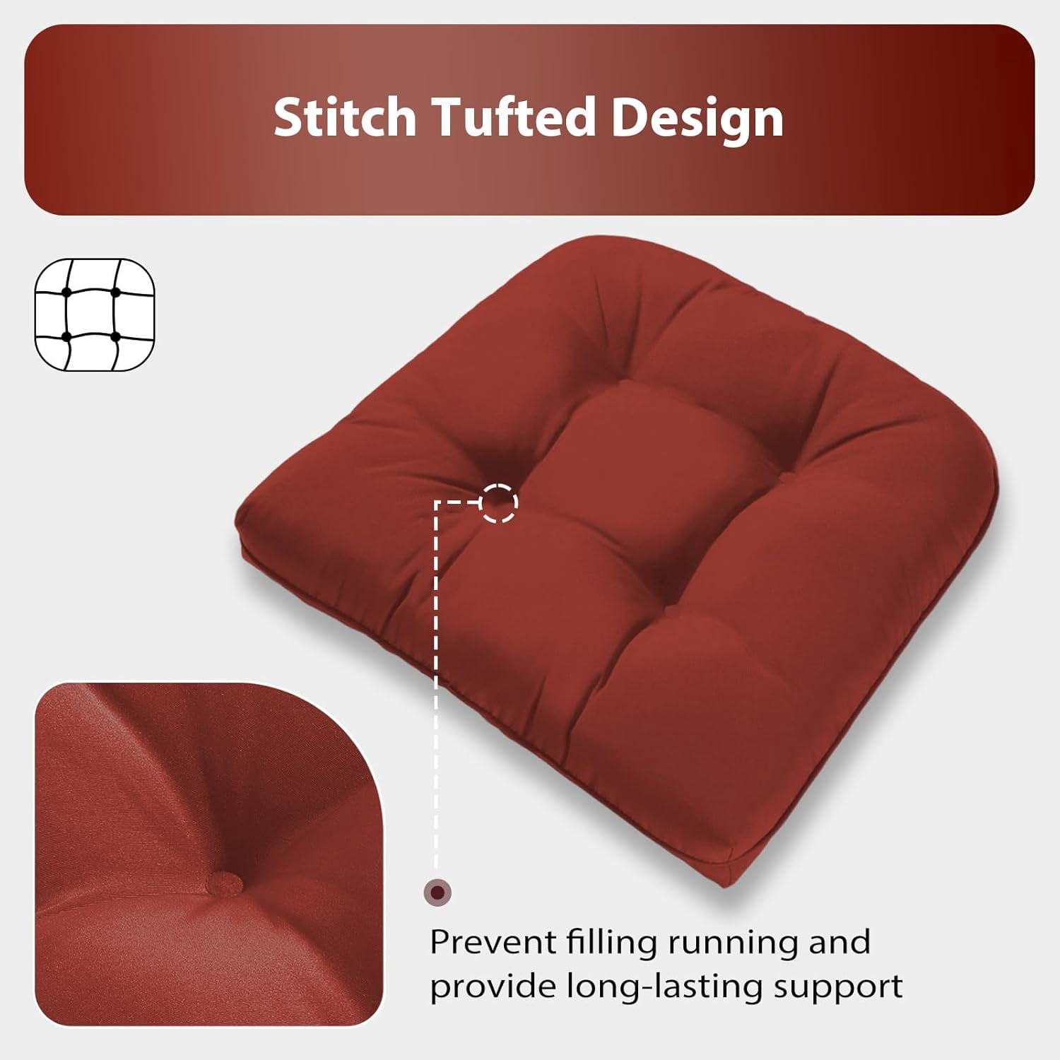 19x19 Outdoor Chair Cushions Set of 4, Tufted Wicker Patio Furniture Cushions, Thick Outdoor Seat Cushions for Lawn Chairs, Overstuffed and Water Resistant, Brick Red