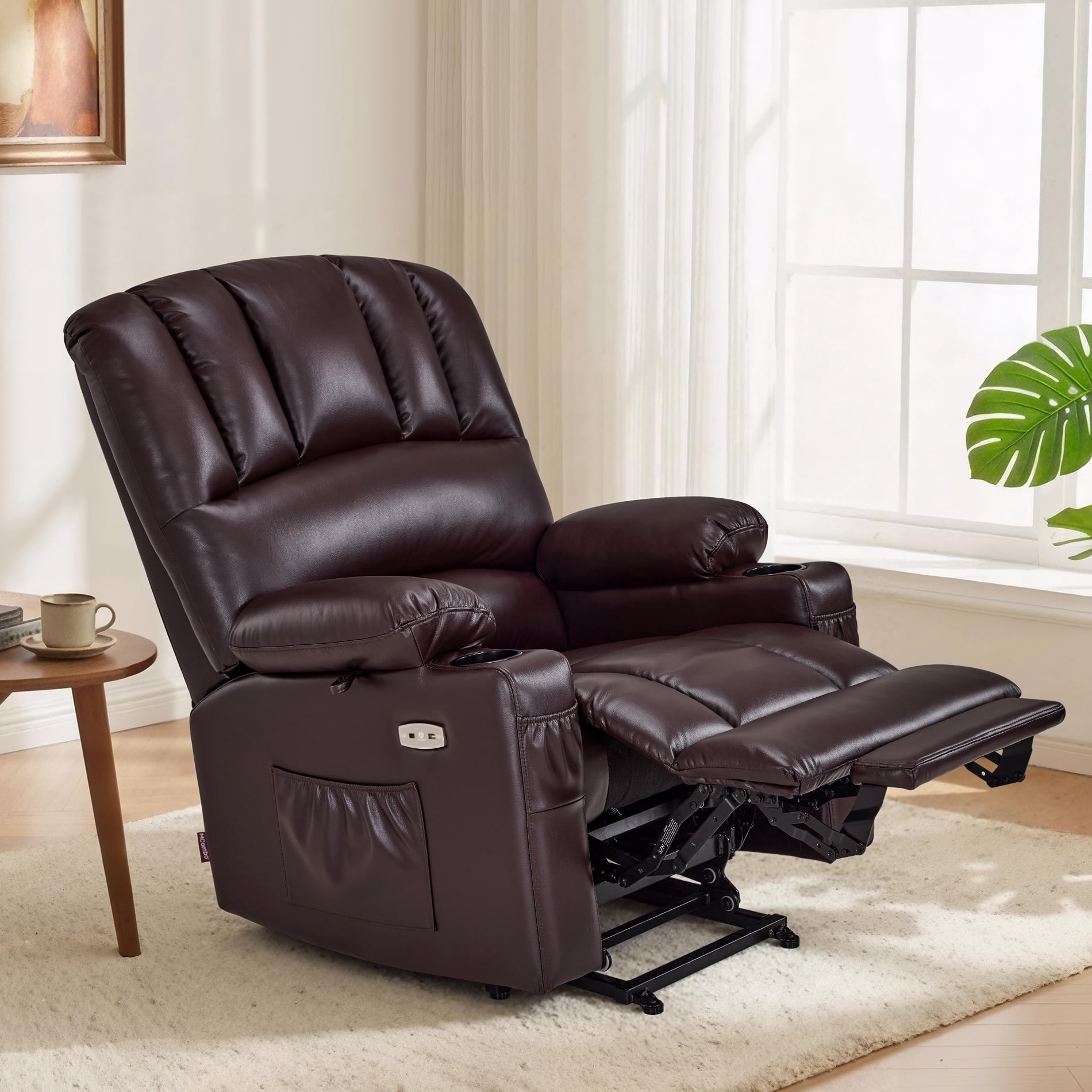 MCombo Power Lift Recliner Chair with Massage Heat, Extended Footrest, Faux Leather(Medium-Regular, Dark Brown)