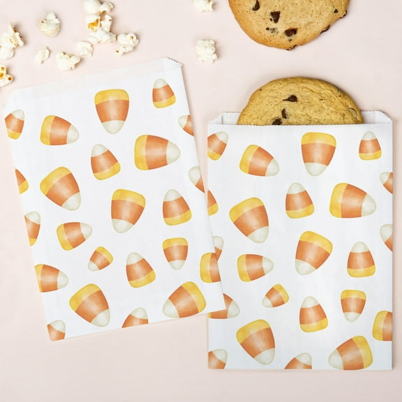Big Dot of Happiness Candy Corn Paper Treat Bags, Halloween and Fall Individual Candy Snack Favors, Greaseproof White Sandwich Cookie Bags - 25 Count