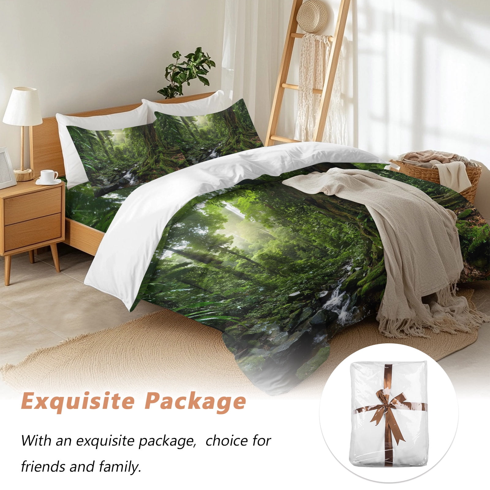 Forest Queen Duvet Cover Set, Landscapes Tree Streams 4 Piece Microfiber Bedding Set with Zipper Closure, Bed Sheet and 2 Pillow Shams, Soft Bedding Cover